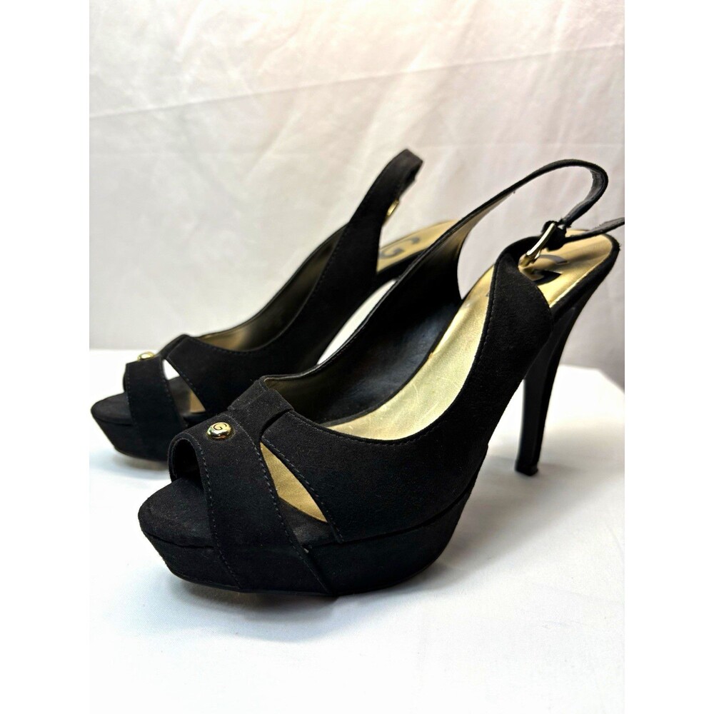 GUESS Black Faux Suede Slingback Open Toe Stiletto Ankle Strap 6.5M